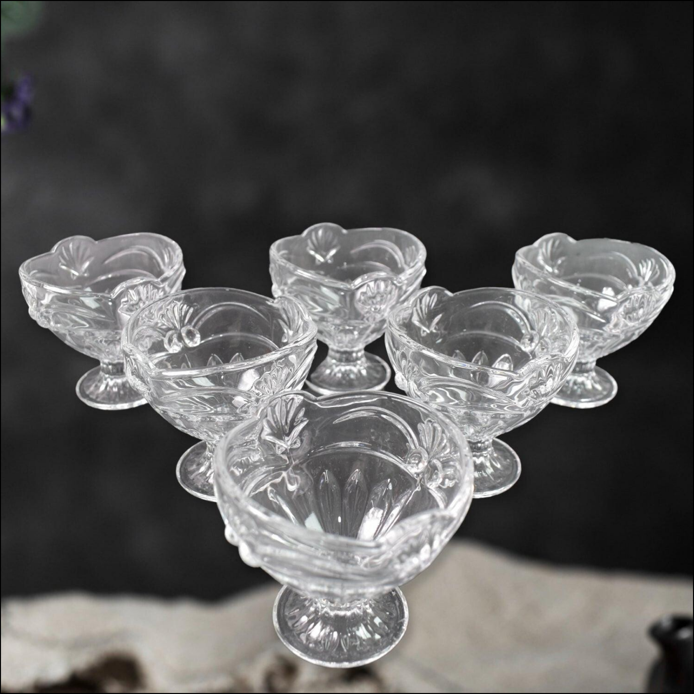 Set of six elegant glass ice cream cup set with floral design for serving desserts