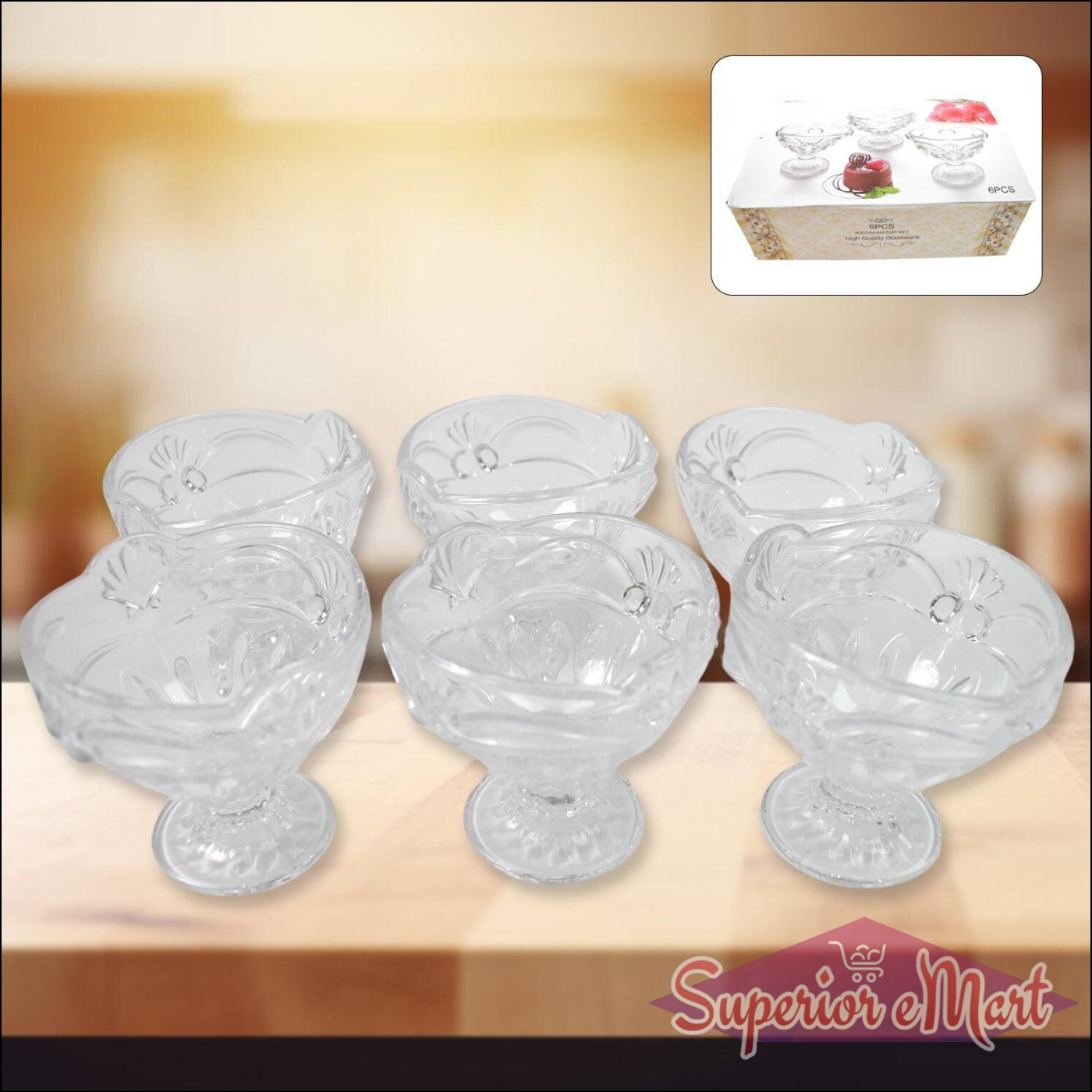 Clear glass ice cream cup set with intricate designs, perfect for serving desserts.