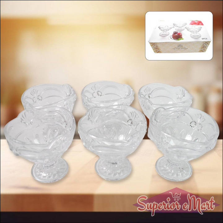 Clear glass ice cream cup set with intricate designs, perfect for serving desserts.