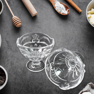 Elegant glass ice cream cup set with floral design ideal for serving desserts