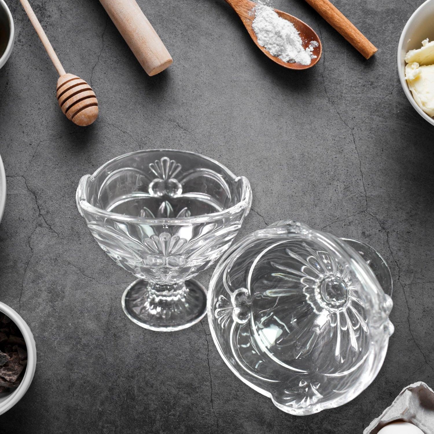 Elegant glass ice cream cup set with floral design ideal for serving desserts