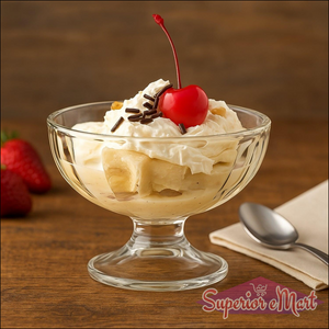 Elegant glass ice cream dessert bowl set featuring a delicious sundae topped with whipped cream and a cherry