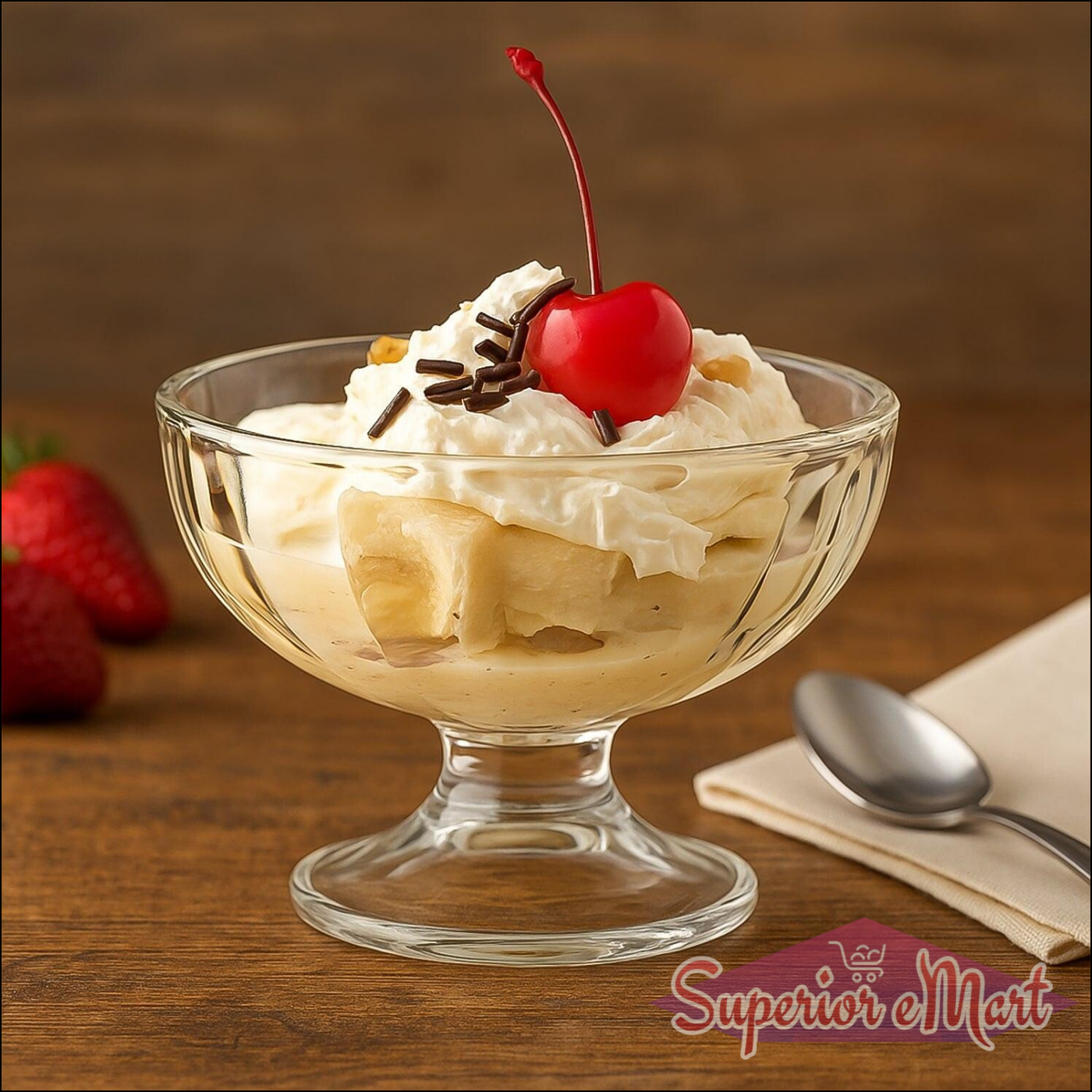 Elegant glass ice cream dessert bowl set featuring a delicious sundae topped with whipped cream and a cherry