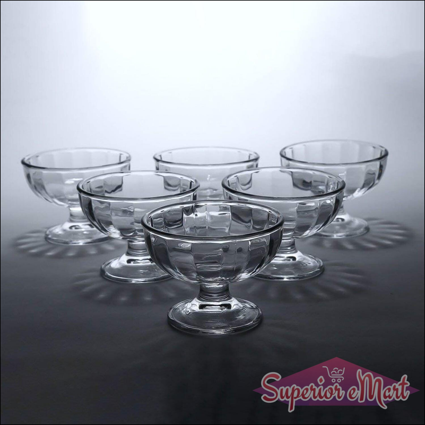 Set of six elegant glass ice cream dessert bowls for serving sweet treats and desserts