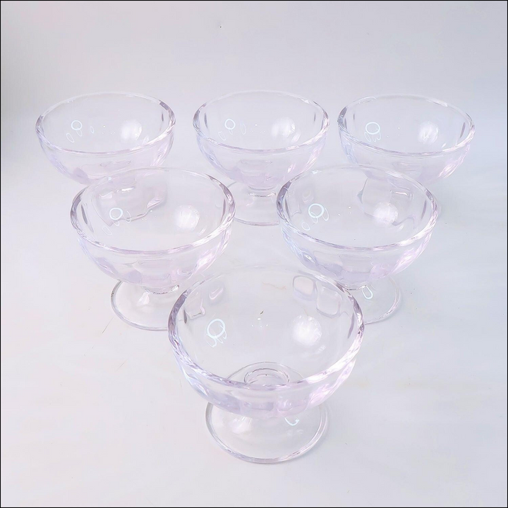 Set of six clear glass ice cream dessert bowls with elegant design for serving desserts