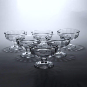 Set of six elegant glass ice cream dessert bowls for serving sweet treats and desserts