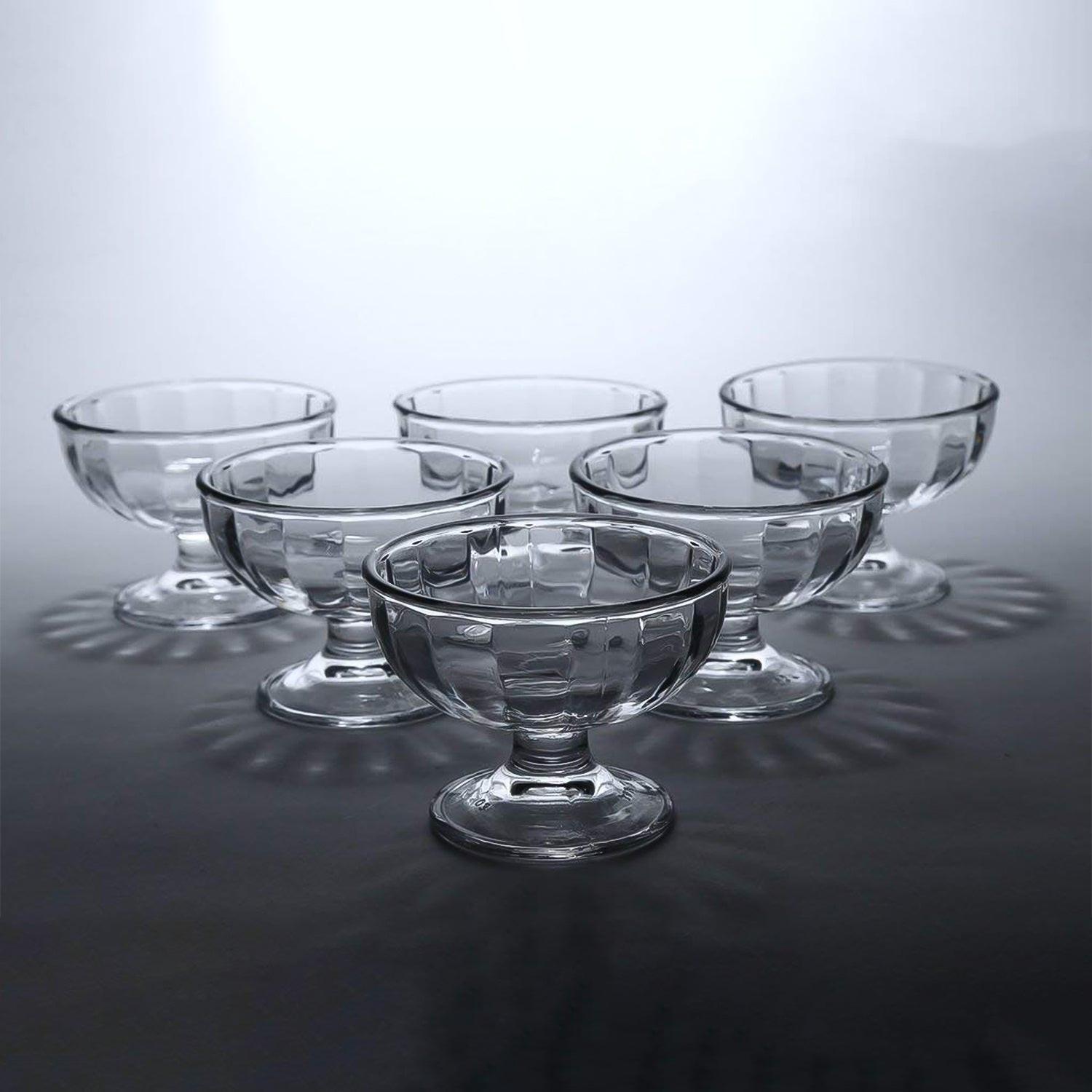 Set of six elegant glass ice cream dessert bowls for serving sweet treats and desserts