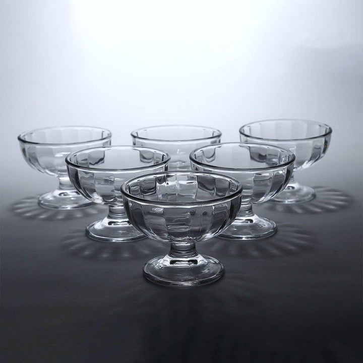Set of six elegant glass ice cream dessert bowls for serving sweet treats and desserts