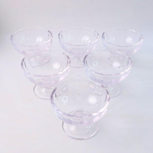 Set of six clear glass ice cream dessert bowls with elegant design for serving desserts