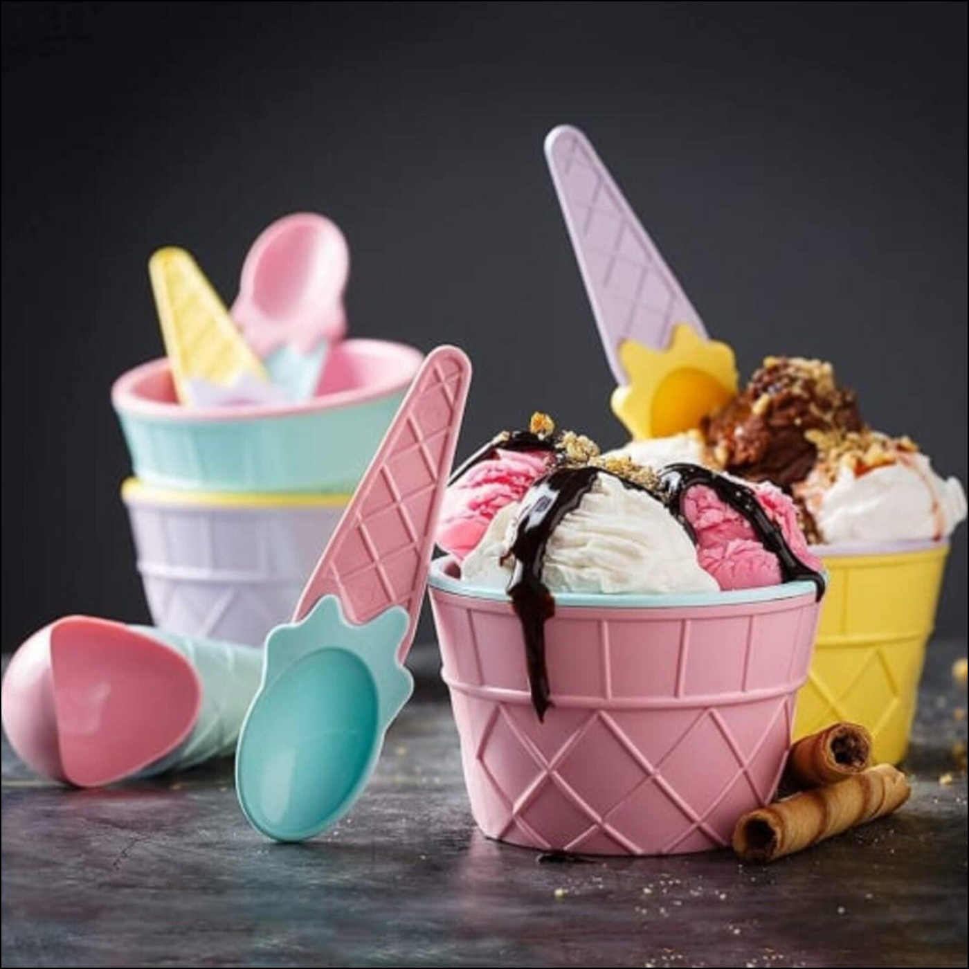 Ice-Cream / Waffle Spoon Bowel Cup Set  With Spoon 6 Pc Random Color - Superior eMart