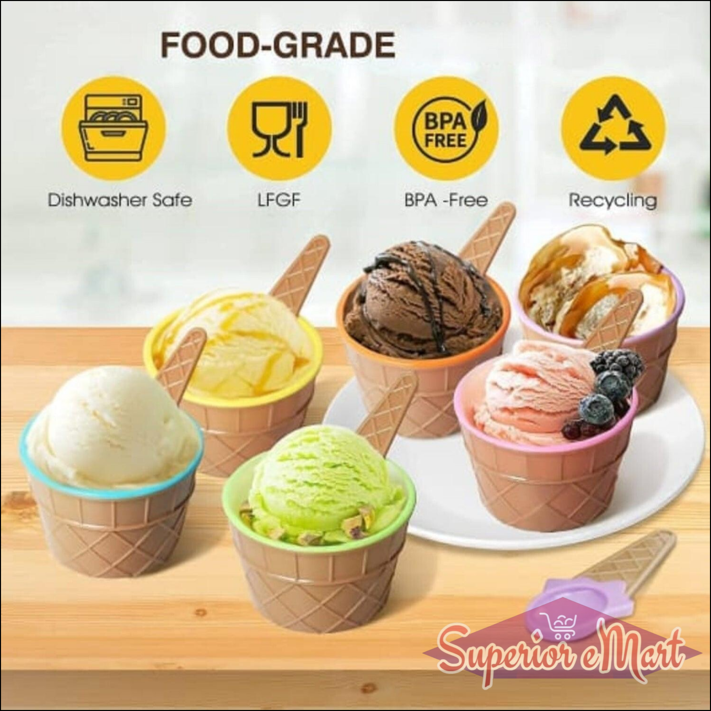 Ice-Cream / Waffle Spoon Bowel Cup Set  With Spoon 6 Pc Random Color - Superior eMart