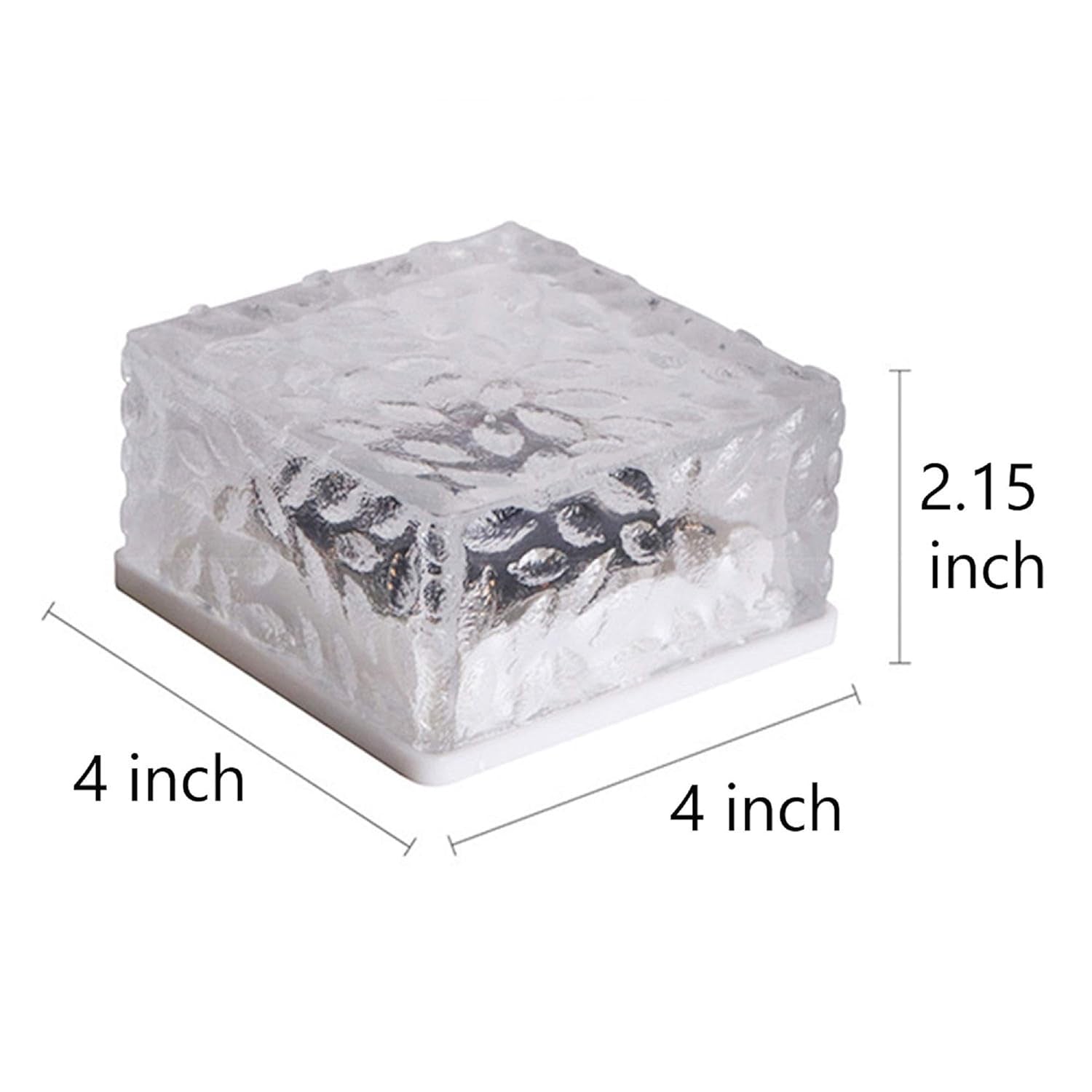 Ice cube shaped outdoor lights with a textured design measuring 4 inches by 2.15 inches for garden use