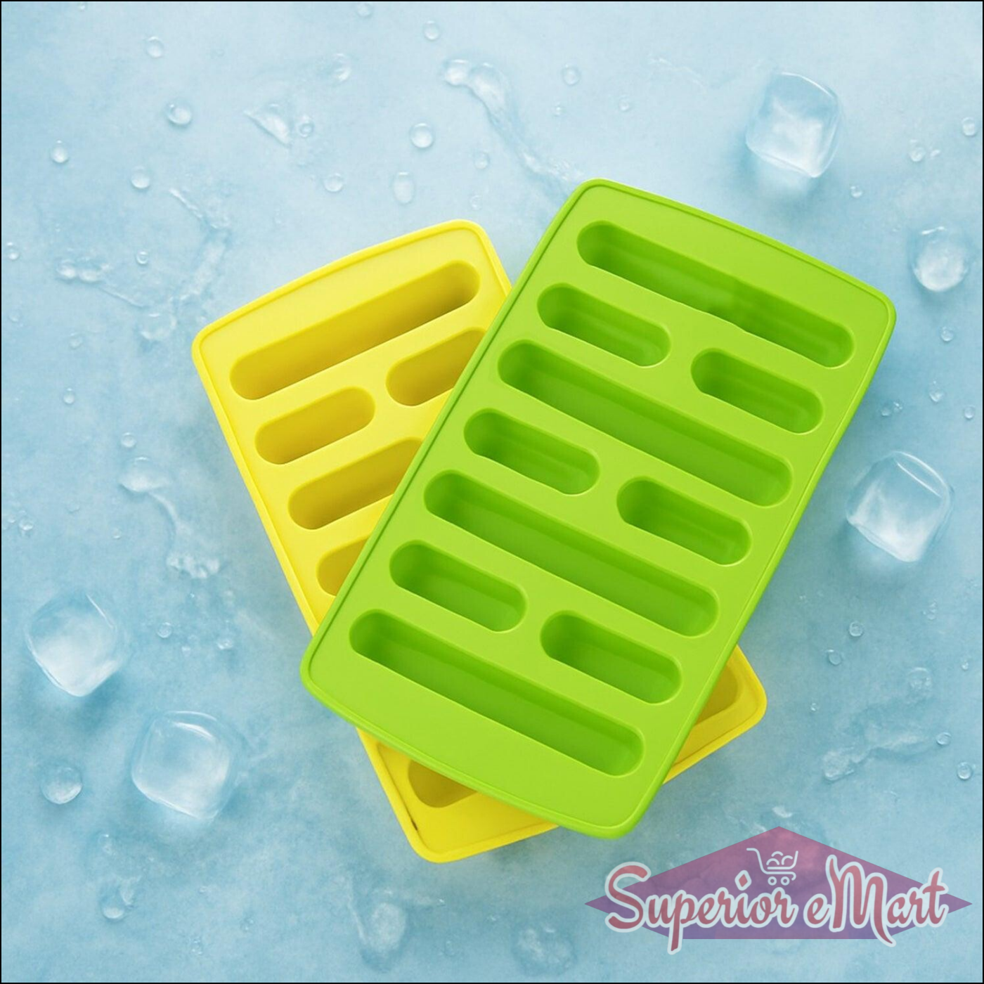 Bright green and yellow ice cube tray set for easy ice making in home kitchens