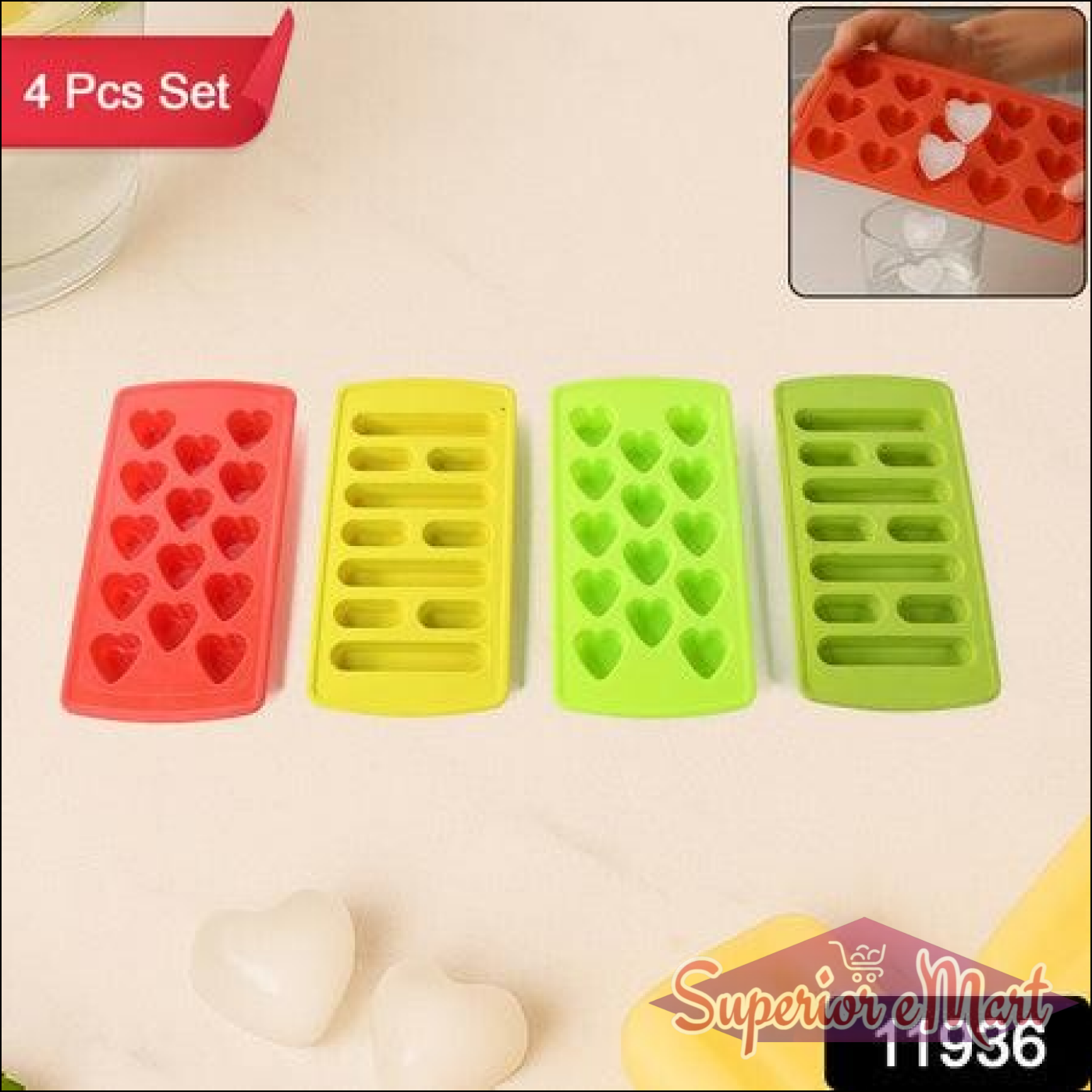 Colorful ice cube tray set in heart and stick shapes for fun and playful beverages