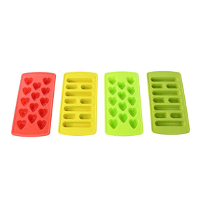 Brightly colored ice cube tray set with heart and cylindrical shapes for fun ice creations