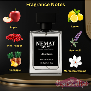 Nemat Ideal Men perfume bottle featuring notes of apple, pink pepper, pineapple, lemon, patchouli, and jasmine.