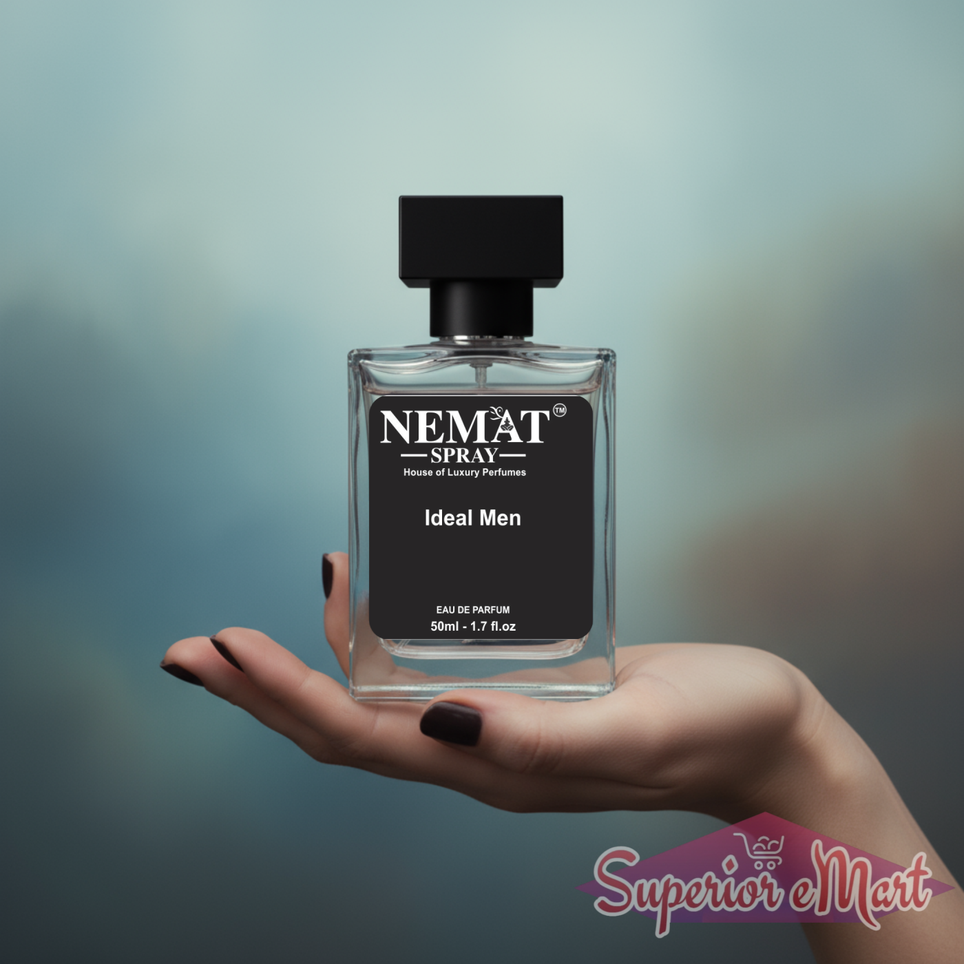 Nemat Ideal Men 50ml Eau de Parfum in a clear glass bottle with a black cap and label, held in a hand.