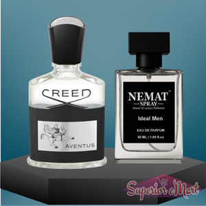 Creed Aventus and Nemat Ideal Men glass perfume bottles with black caps on a dark pedestal, blue background.