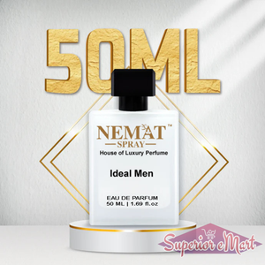 Nemat Ideal Men 50ml spray in white bottle with black cap on a gold-trimmed pedestal. Large gold 50ML background.