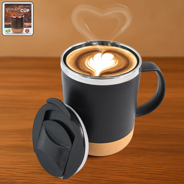 Superior eMart insulated coffee mug with lid in black and tan holding latte with heart-shaped foam