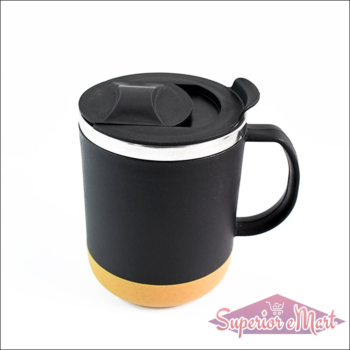 Insulated coffee mug with spill-proof lid featuring a sleek black design and sturdy handle