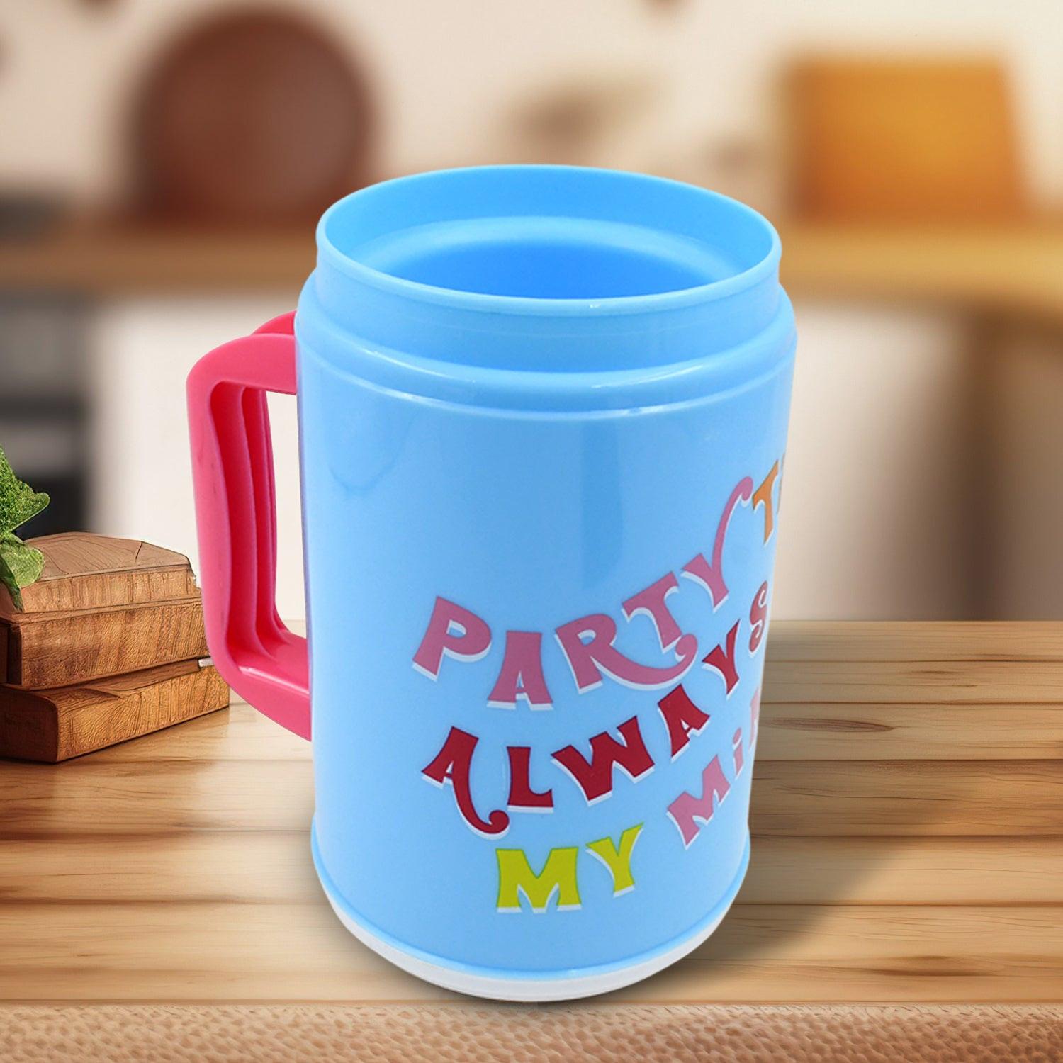 Colorful insulated mug with lid and straw featuring fun text for parties and gatherings