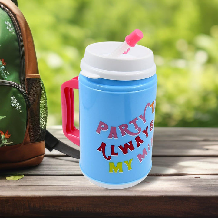 Bright blue insulated mug with lid and straw featuring Party Always My Motto design