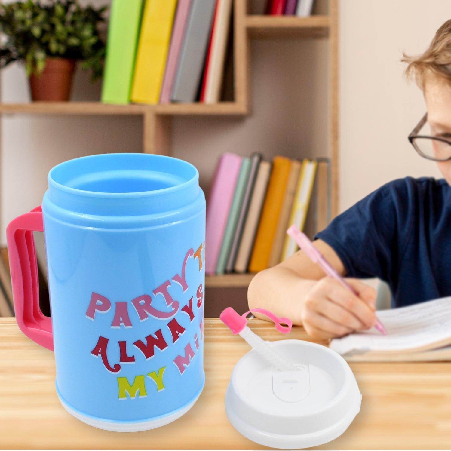 Bright blue insulated mug with lid and straw featuring colorful text design for parties and daily use
