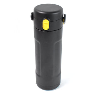 Black insulated water bottle with yellow flip-top lid for hot and cold drinks