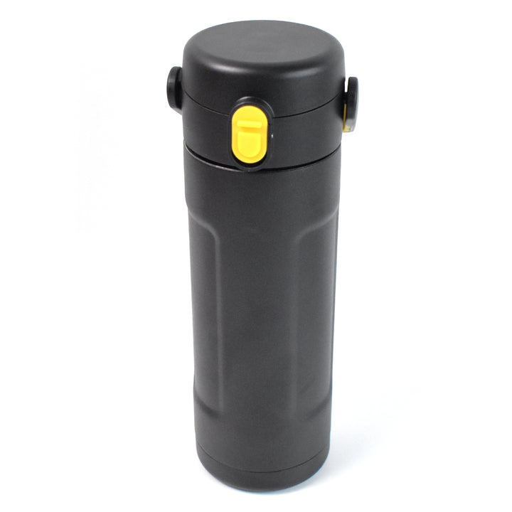 Black insulated water bottle with yellow flip-top lid for hot and cold drinks