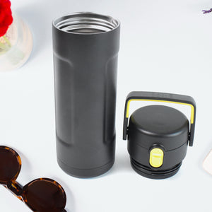 Superior eMart black insulated water bottle with yellow-accented cap and stainless steel interior