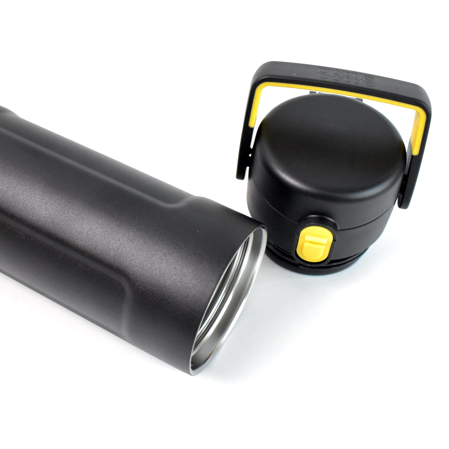 Superior eMart black insulated water bottle with yellow-accented detachable lid and handle