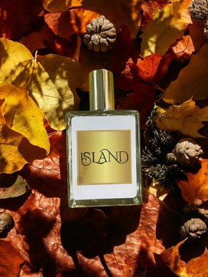 Island perfume 50ml bottle surrounded by colorful autumn leaves and pinecones