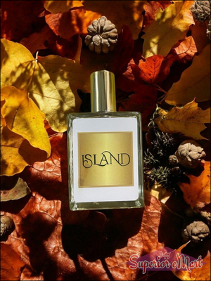 Island perfume 50ml bottle surrounded by colorful autumn leaves and pinecones
