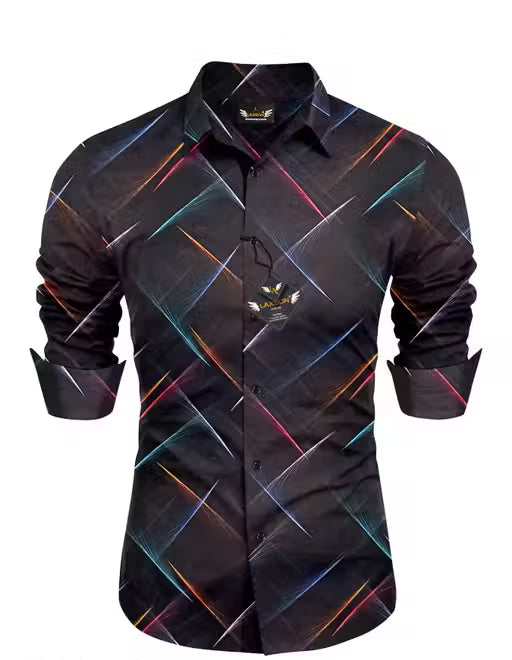 Black shirt with colorful geometric pattern on a white background
