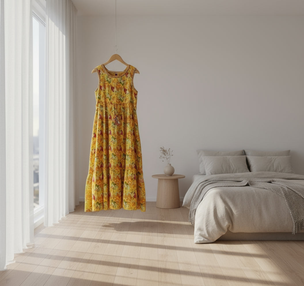 YELLOW PRINTED EMBROIDERY KURTI SLEEVELESS