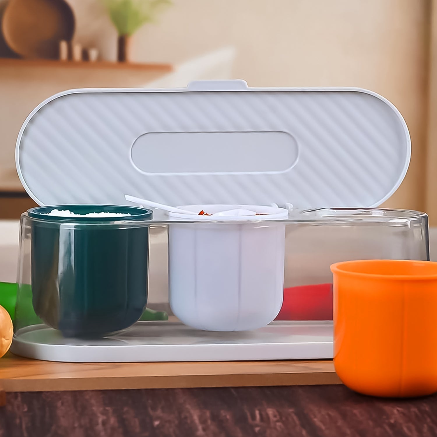 3 Grid Seasoning Spice Masala Box Kit With Spoon (Multicolor  1 Set)