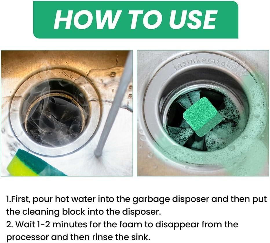 Sink cleaner deodorizer tablets instructions showing disposal cleaning process with hot water and foam