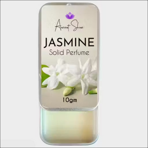 Ancient Shine Jasmine Solid Perfume, 10gm silver sliding metal tin with white jasmine flowers on the label.