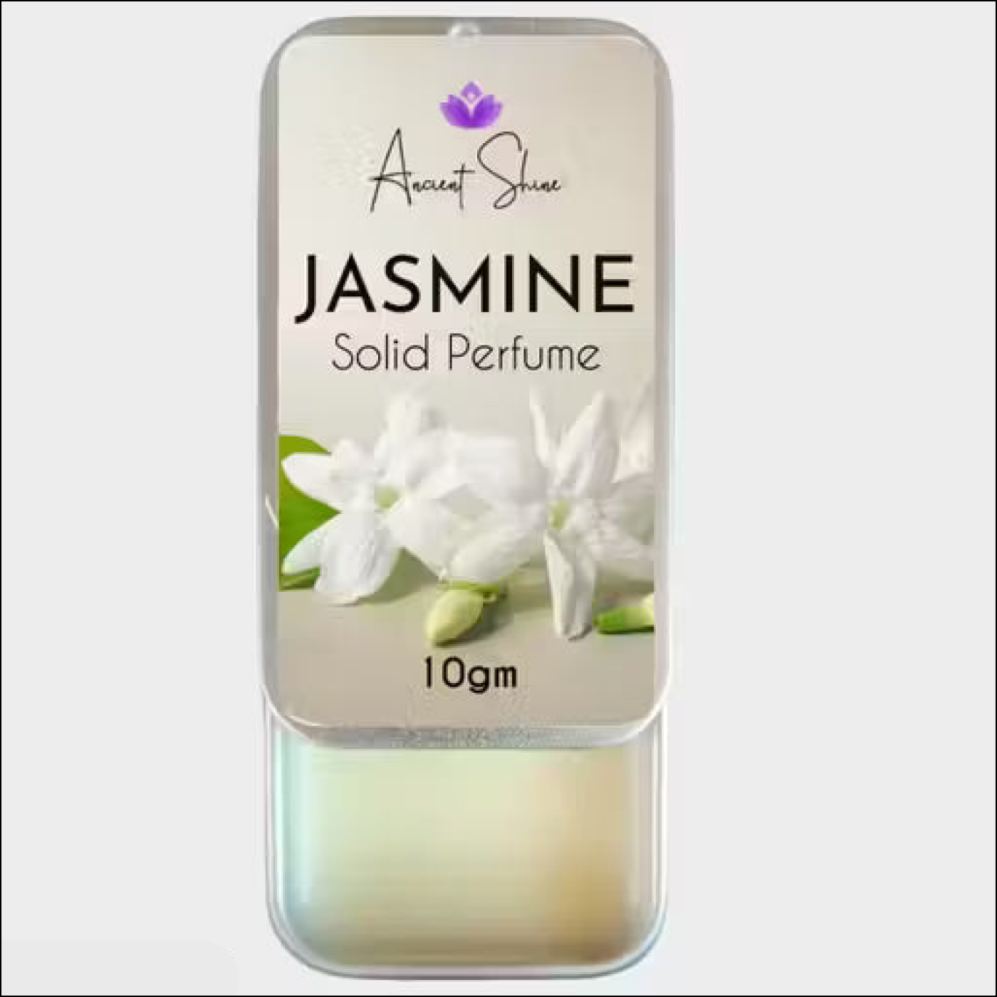 Ancient Shine Jasmine Solid Perfume, 10gm silver sliding metal tin with white jasmine flowers on the label.