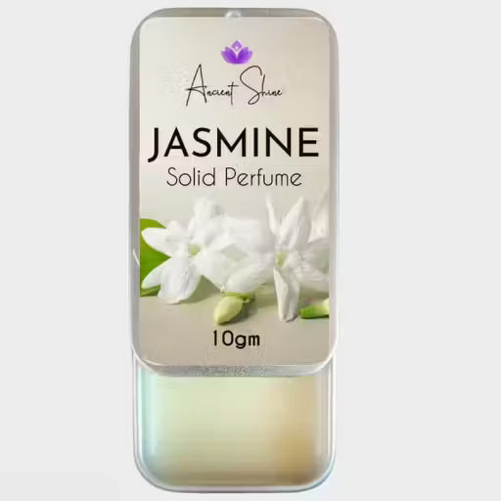 Ancient Shine Jasmine Solid Perfume, 10gm silver sliding metal tin with white jasmine flowers on the label.