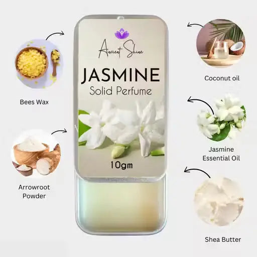 Ancient Shine 10g Jasmine Solid Perfume metal tin with beeswax, arrowroot, coconut, jasmine oil, and shea butter.