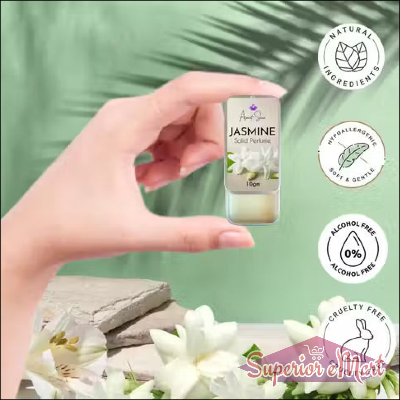 Hand holding a 10g Jasmine Solid Perfume tin. Icons for natural, hypoallergenic, alcohol-free, and cruelty-free.