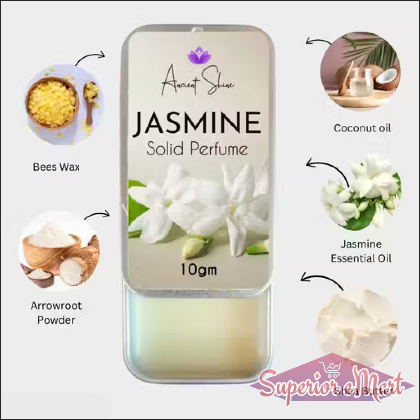 Ancient Shine 10g Jasmine Solid Perfume metal tin with beeswax, arrowroot, coconut, jasmine oil, and shea butter.