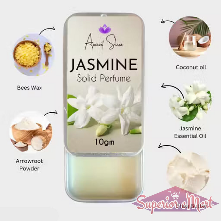 Ancient Shine 10g Jasmine Solid Perfume metal tin with beeswax, arrowroot, coconut, jasmine oil, and shea butter.