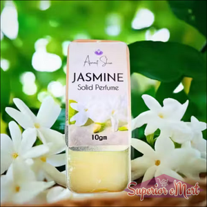 Ancient Shine 10gm Jasmine Solid Perfume tin with white flower label, surrounded by fresh jasmine blossoms.