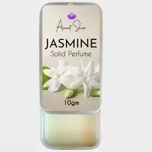 Ancient Shine Jasmine Solid Perfume, 10gm silver sliding metal tin with white jasmine flowers on the label.