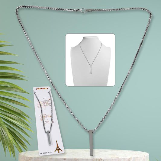 Stainless steel locket necklace with a sleek vertical bar design on a silver chain