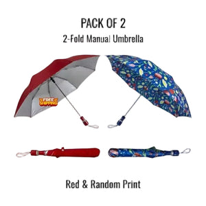 Two 2-fold manual umbrellas shown open and closed on a white background with text reading 'PACK OF 2', '2-Fold Manual Umbrella', 'Red & Random Print', and a small 'FDBF SHOPPING' logo on the red umbrella.