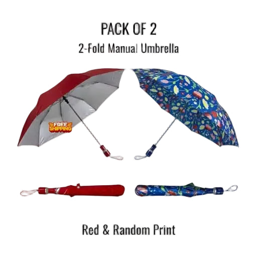 Two 2-fold manual umbrellas shown open and closed on a white background with text reading 'PACK OF 2', '2-Fold Manual Umbrella', 'Red & Random Print', and a small 'FDBF SHOPPING' logo on the red umbrella.